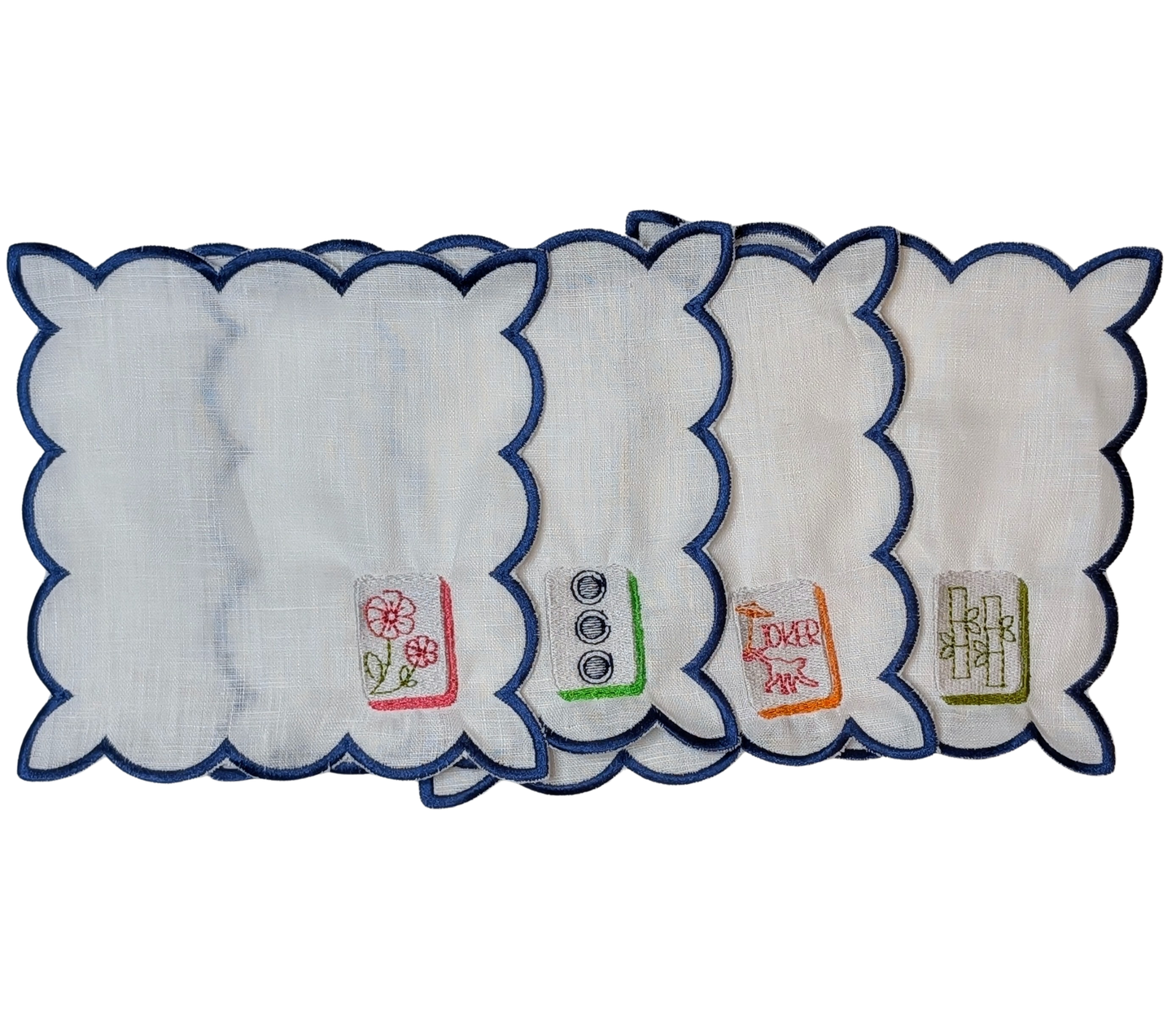 Mahjong Cocktail Napkins - Set of 4 White Navy Trim