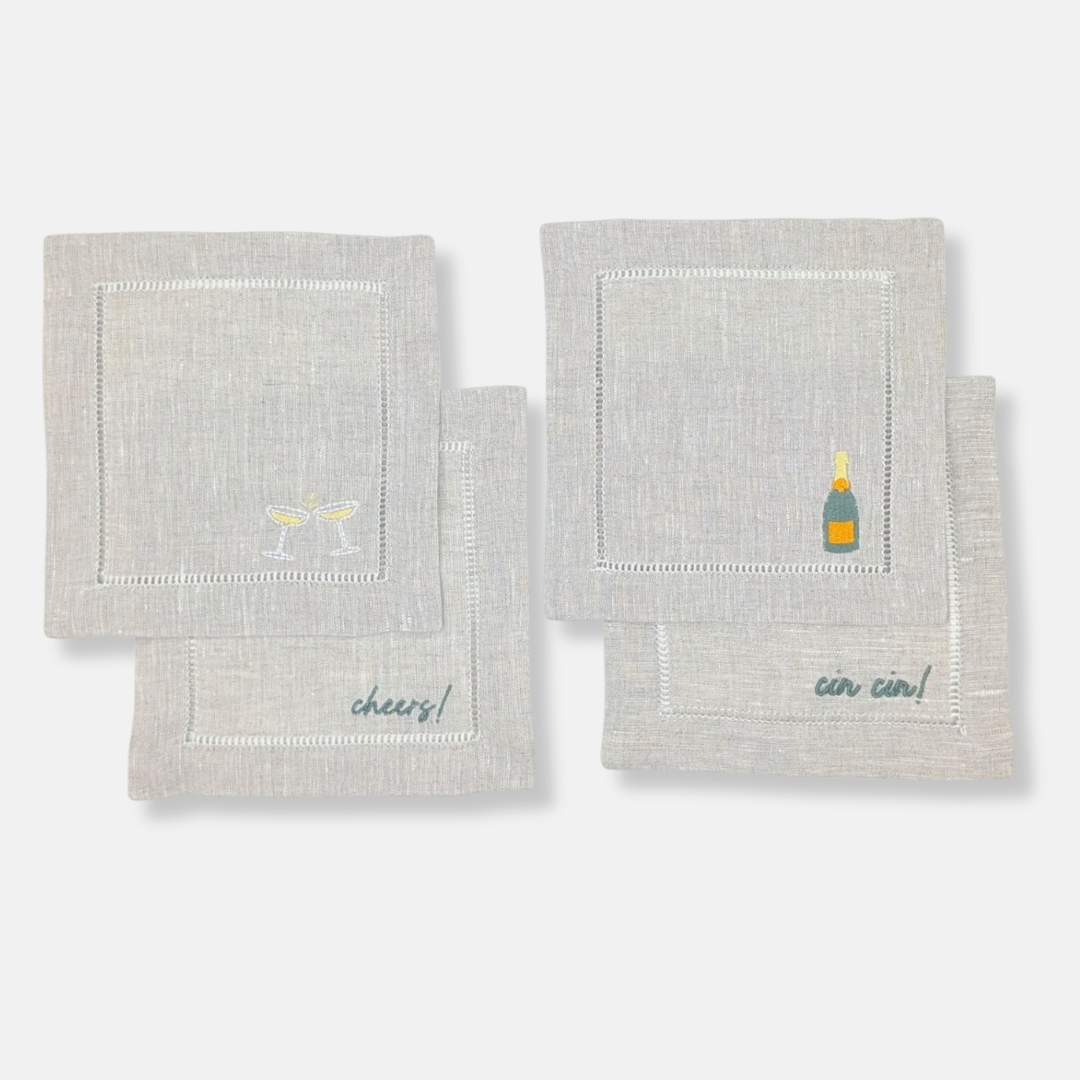 Champagne Cheers Cocktail Napkins - Set of 4 Natural Tan