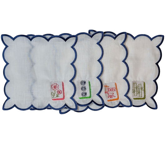Mahjong Cocktail Napkins - Set of 4 White Navy Trim