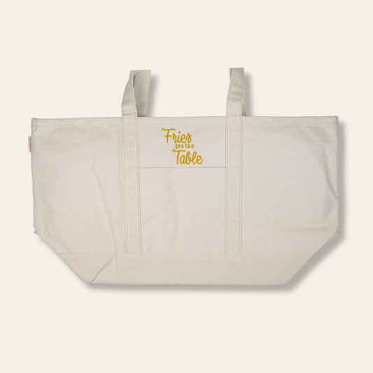 Funny embroidered canvas tote bag that reads “Fries for the Table.” A minimalist, food-lover tote perfect for errands, brunch, travel, or gifting.