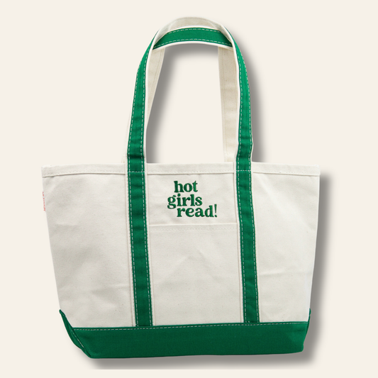 Embroidered canvas tote featuring “Hot Girls Read.” A sturdy, stylish book tote perfect for readers, library trips, errands, and gifting.