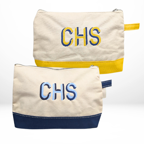 Two canvas zip pouches with “CHS” embroidered in bold varsity-style letters—one in yellow and blue, and the other in shades of blue—each featuring matching color-blocked accents.