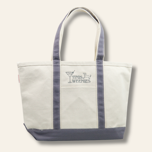 Embroidered canvas tote featuring martinis and dachshunds with the phrase “Tinies & Weenies.” A fun, sturdy tote perfect for errands, gifts, and dog lovers.